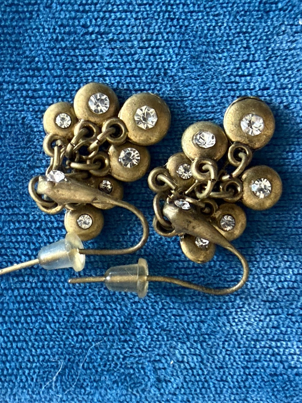Antique Brass Cluster Drop Earrings with Clear Crystal Accents